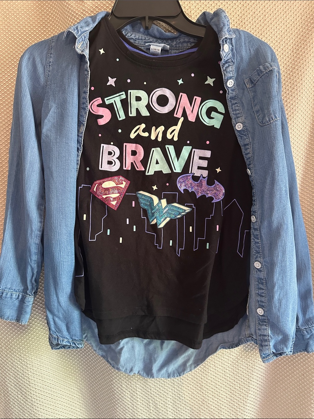 DC Super Hero Girls Sequin Tee + Cat & Jack Chambray Shirt 10/12